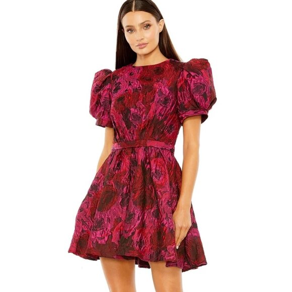 NWT‎ | Mac Duggal 27475 Puff Short Sleeve Brocade Pink Red Floral Mini Dress 0 - Picture 1 of 10